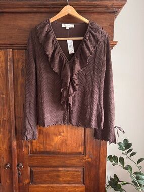 Loft Pointelle Ruffle Tie Cuff Top in Roasted Walnut New